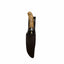 Knife with wooden handle and leather sheath on a white background