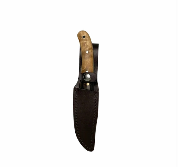 Knife with wooden handle and leather sheath on a white background