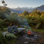Camping scene with pots on a wooden platform over a campfire in a mountainous forest.