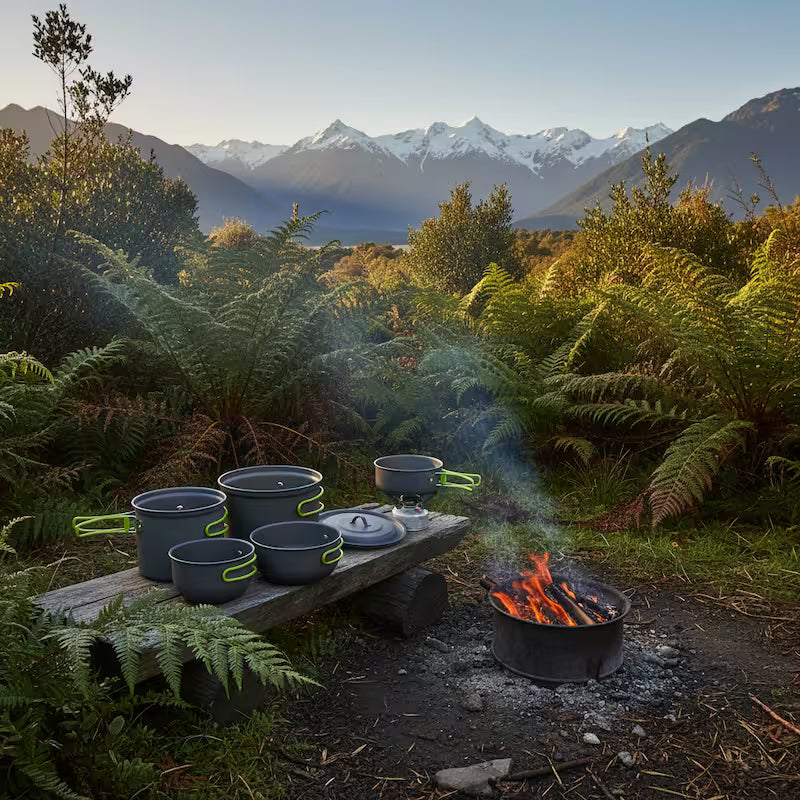 Camping scene with pots on a wooden platform over a campfire in a mountainous forest.
