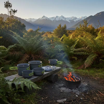 Camping scene with pots on a wooden platform over a campfire in a mountainous forest.