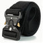 Black tactical belt with a metal buckle on a white background