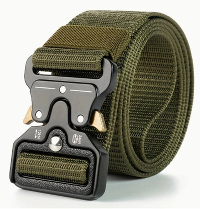 Green tactical belt with a black buckle on a white background