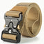 Tan tactical belt with a black buckle on a white background