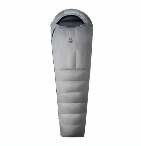 A gray Darn Tough insulated sleeping bag shown from the side against a plain white background.