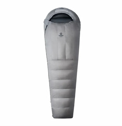 A gray Darn Tough insulated sleeping bag shown from the side against a plain white background.