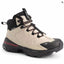 Beige and black hiking boot with brand logo on a white background