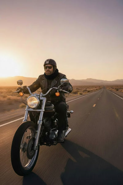 Person riding a motorcycle on a desert road at sunset