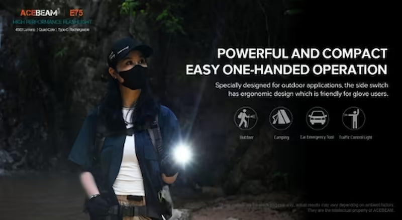Person holding a flashlight with text about its features and uses