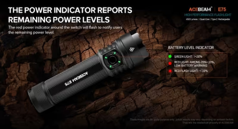 Acebeam flashlight with power indicator display on a dark background