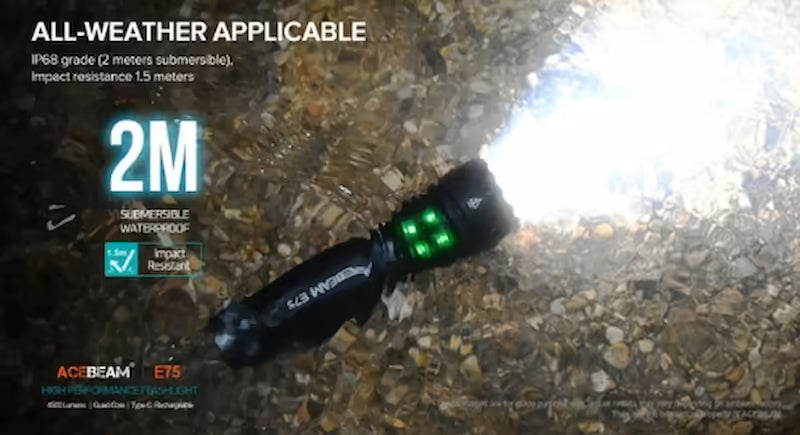Acebeam E7S flashlight on a textured surface with weather resistance text overlay