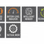 A set of seven dark gray feature icons with white text and simple graphics on a light gray background. The icons indicate features such as batteries included, battery level indicator, intelligent memory, rechargeable, strobe, and tactical mode.