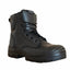 A black leather lace-up work boot with a thick black sole, shown from a three-quarters angle on a plain white background.