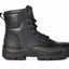 A black leather lace-up ankle boot with a protective toe cap and rugged sole, shown from a side profile on a white background.