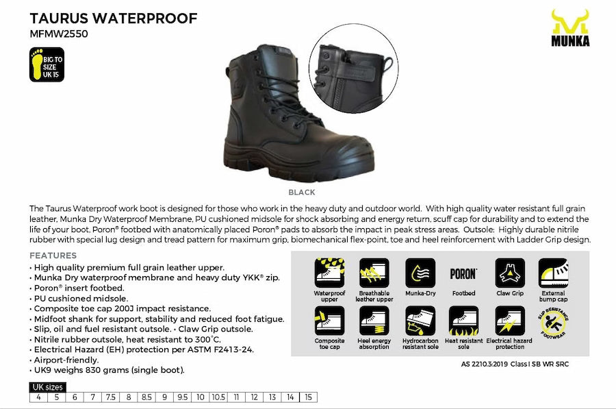 Black Taurus Waterproof MFKW2550 boot with a detailed product diagram, specifications, and feature icons on a white background.
