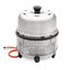 A stainless steel electric smoker or grill with a mesh front, black feet, and an orange gas hose connected on the left, shown on a white background.