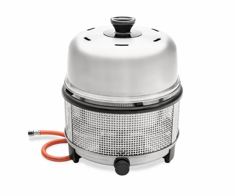 A stainless steel electric smoker or grill with a mesh front, black feet, and an orange gas hose connected on the left, shown on a white background.