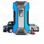 Blue and gray jump starter with digital display on a white background
