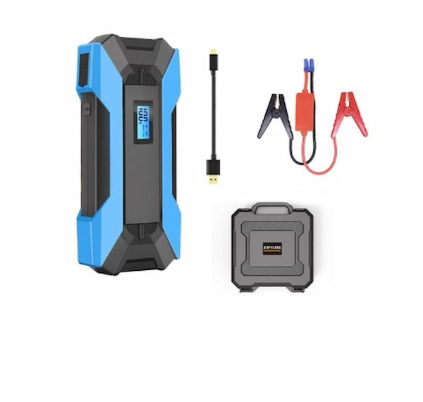 Blue and black jump starter with clamps on a white background