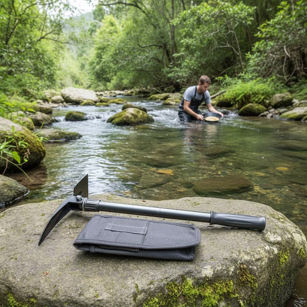 A black folding camp pickaxe and matching black sheath are displayed on a large mossy rock in a stream, with a man wading through the water in the background.