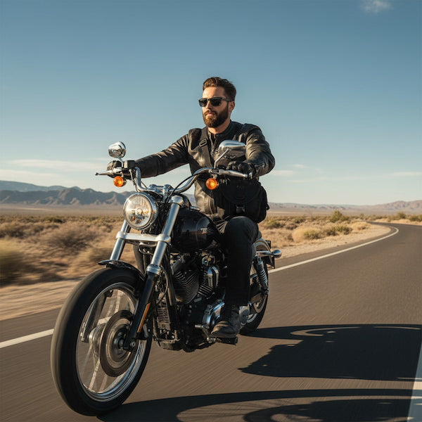 Man riding a motorcycle on a desert road with mountains in the background