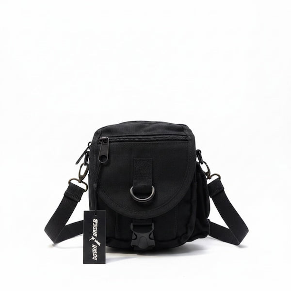 Black crossbody bag with visible brand logo on a white background