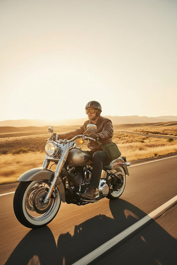 Man riding a motorcycle on a desert road with a sunset in the background