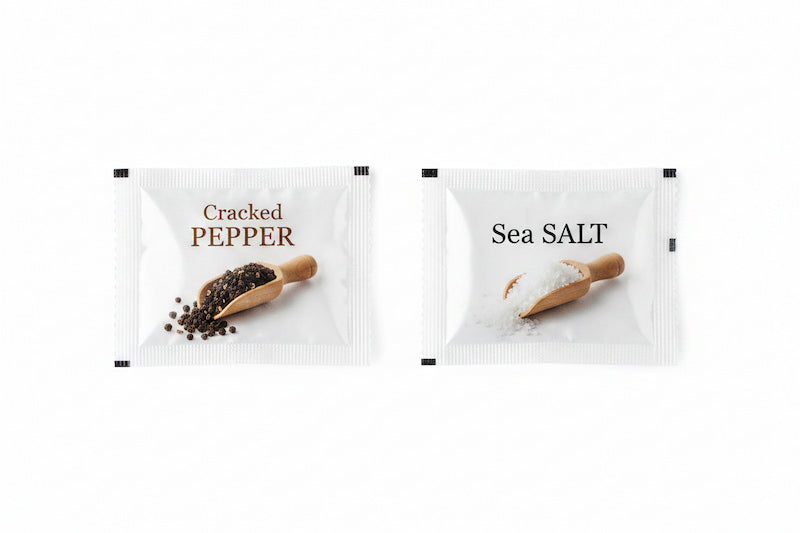 Two packets of cracked pepper and sea salt on a white background
