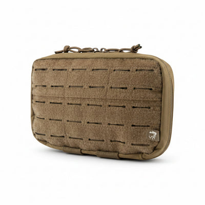 Brown tactical pouch with grid pattern on a white background