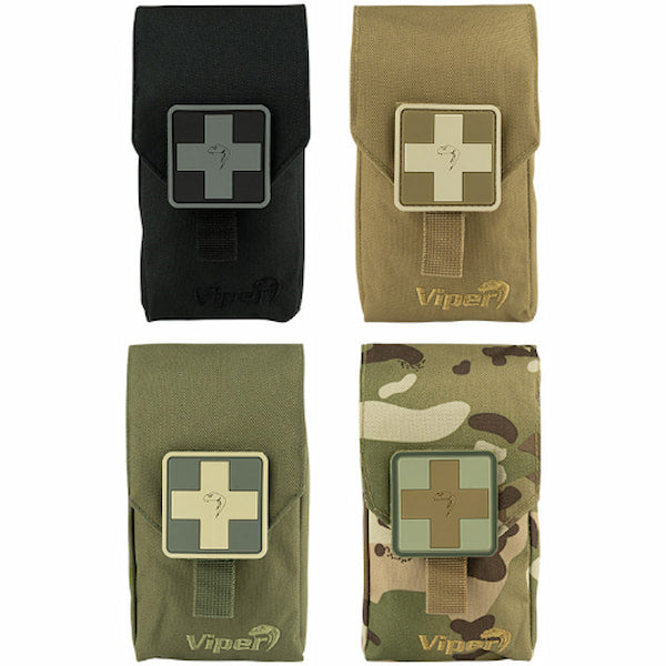 Four tactical pouches with cross designs in different colors on a white background
