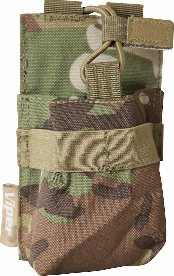 Camouflage tactical pouch with multiple straps on a white background