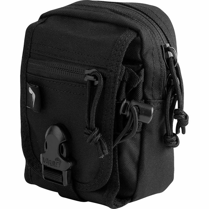 Black tactical pouch with multiple compartments and Velcro straps on a white background