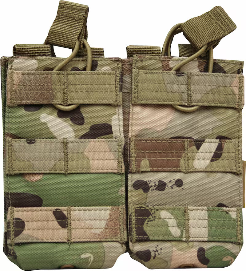 Camouflage tactical pouches with multiple pockets on a white background