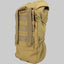 Tan backpack with multiple straps and pouches on a gray background
