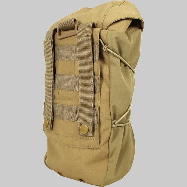 Tan backpack with multiple straps and pouches on a gray background