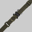 Green military-style webbing strap with a buckle on a gray background