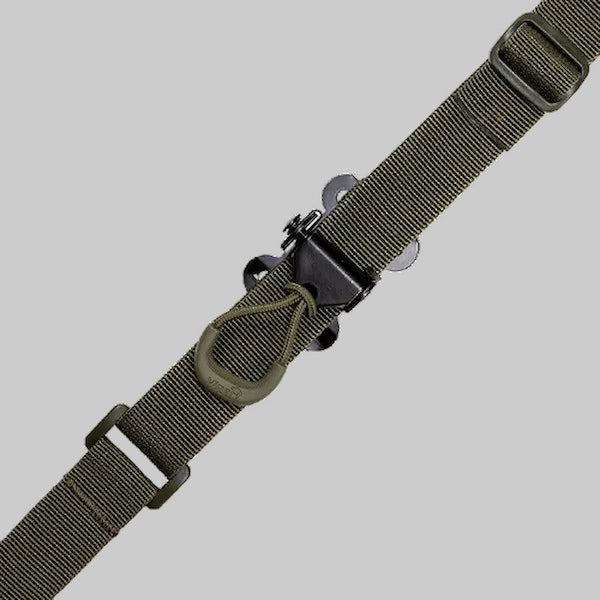 Green military-style webbing strap with a buckle on a gray background