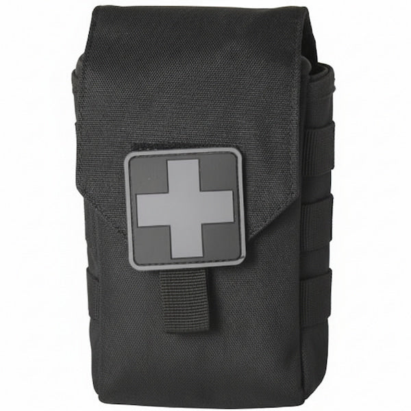 Black tactical pouch with a medical cross patch on a white background