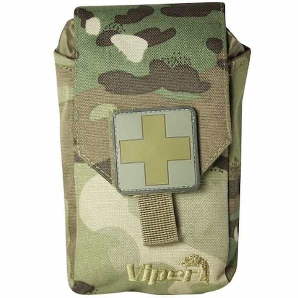Camouflage first aid kit with a cross patch on a white background