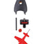 Set of mechanical components including a black rubber gasket, red tool, and other parts on a white background
