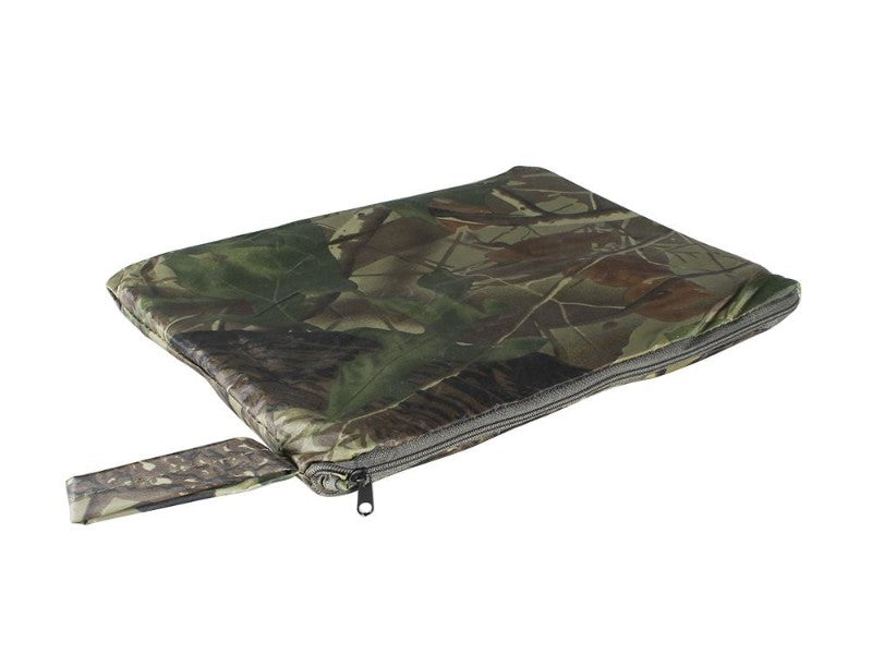 Camouflage-patterned pouch with a zipper on a white background