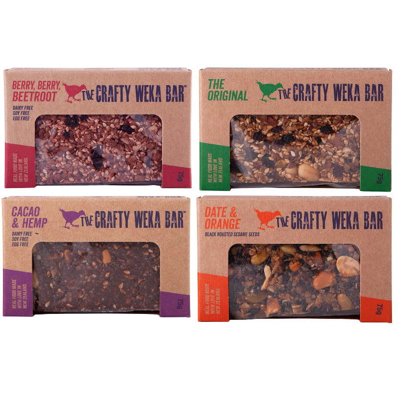  four different flavors of crafty weka raw muesli bars