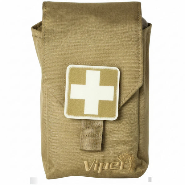 Kevlar tactical pouch with a first aid cross patch on a white background
