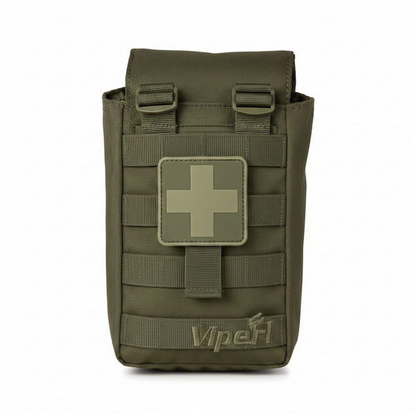 Green tactical pouch with a medical cross patch on a white background