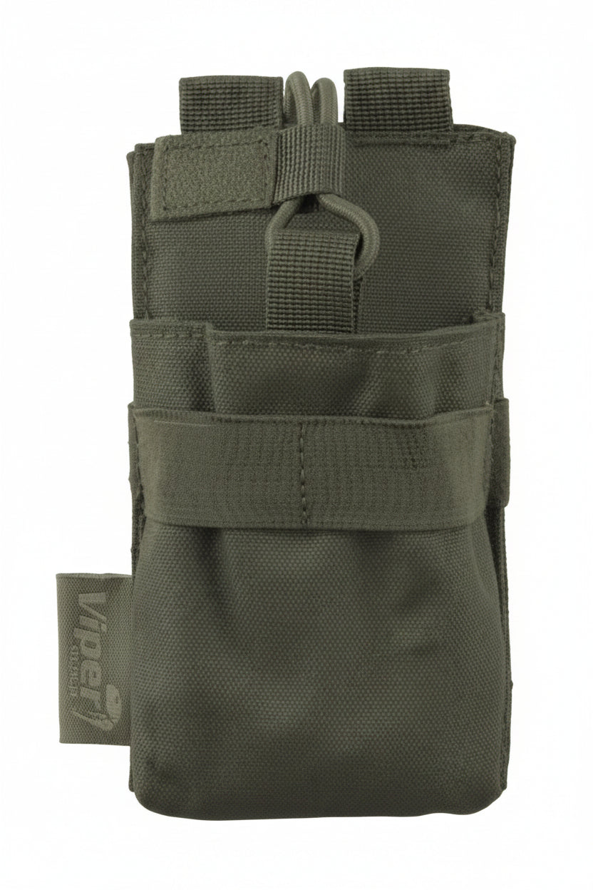 Green tactical pouch with multiple pockets on a white background
