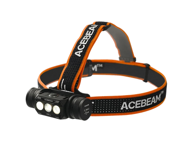 Acebeam headlamp with orange and black strap on a white background