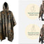 Camouflage raincoat with illustrations indicating raincoat function and backpack-free status.