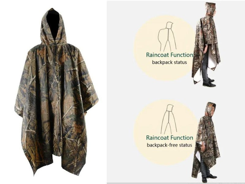 Camouflage raincoat with illustrations indicating raincoat function and backpack-free status.