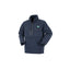 A navy blue quarter-zip fleece pullover jacket with a stand-up collar, two front chest pockets, and a small green and white logo on the left chest, shown against a light gray gradient background.
