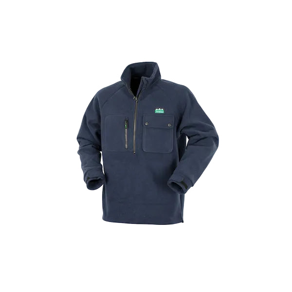 A navy blue quarter-zip fleece pullover jacket with a stand-up collar, two front chest pockets, and a small green and white logo on the left chest, shown against a light gray gradient background.